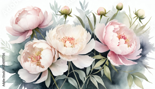 Soft-focus watercolor floral painting featuring delicate peonies, dreamy botanical artwork with pastel hues