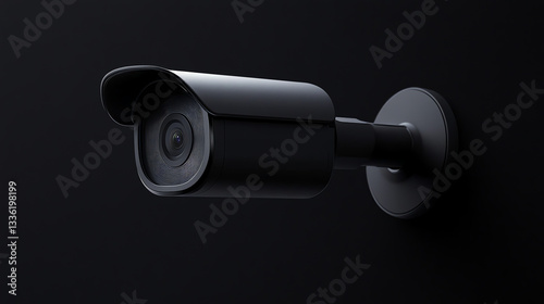 Close-Up of Modern Black Surveillance Camera on Dark Background
