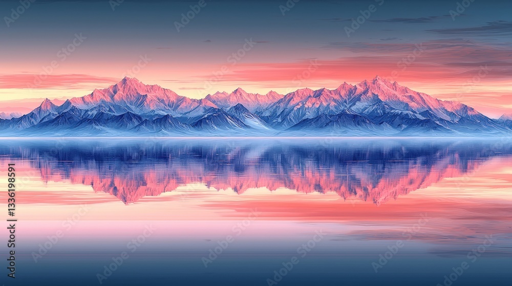 Fototapeta premium Serene Mountain Landscape Reflecting on Tranquil Lake at Sunrise with Pink Skies Above