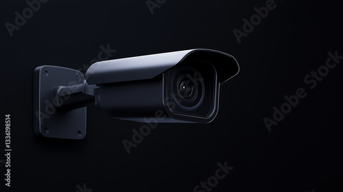 Close-Up of Modern Black Surveillance Camera on Dark Background