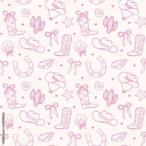 Pink Coastal Cowgirl Seamless Pattern background Western Beach Girly Cowboy Aesthetic wallpaper Minimal Hand Drawn