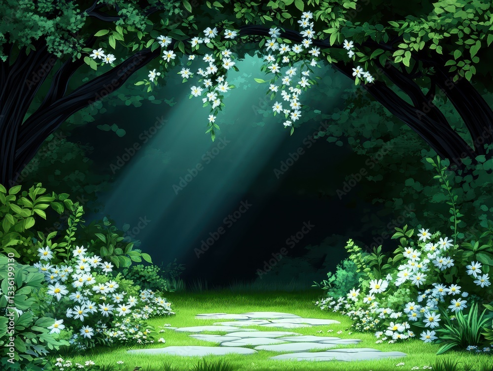 Fototapeta premium Serene forest glade with sunlight filtering through trees and blooming flowers