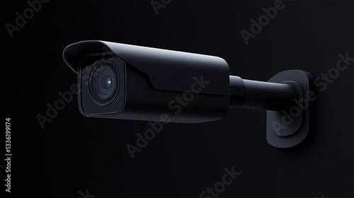 Close-Up of Modern Black Surveillance Camera on Dark Background