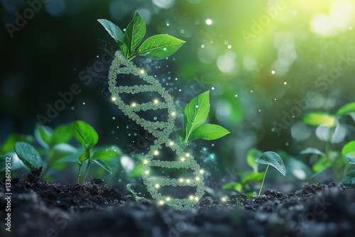Concept of green biotechnology or synthetic biology, graphic of plant with DNA