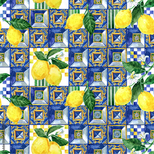 Mediterranean Amalfi Coast pattern. Citrus on ceramic tile. 