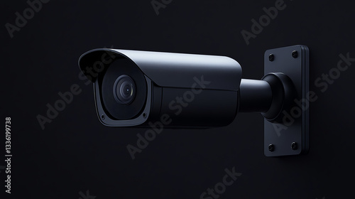Close-Up of Modern Black Surveillance Camera on Dark Background