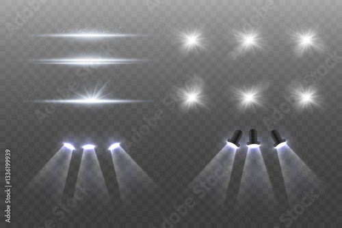 Set of white stage light spotlights, light bulb flare rays and stars.