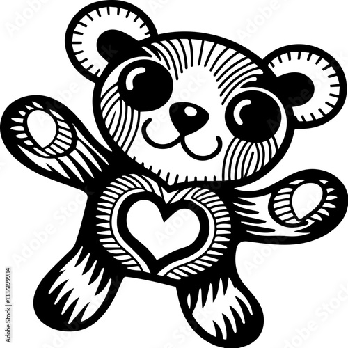 Abstract cartoon bear with a heart, vector SVG background with clean lines. Cute Hand-Drawn Panda Bear with Heart Outline for Kids