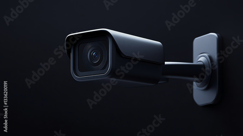 Close-Up of Modern Black Surveillance Camera on Dark Background