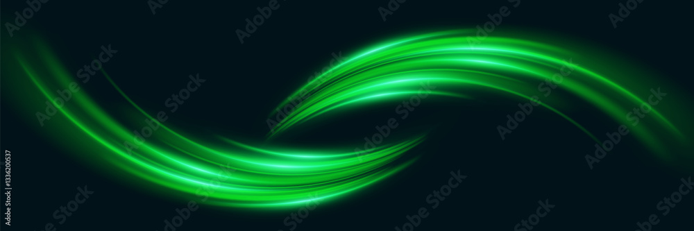 Obraz premium Green glowing speed lines. Light trail and vortex effect.