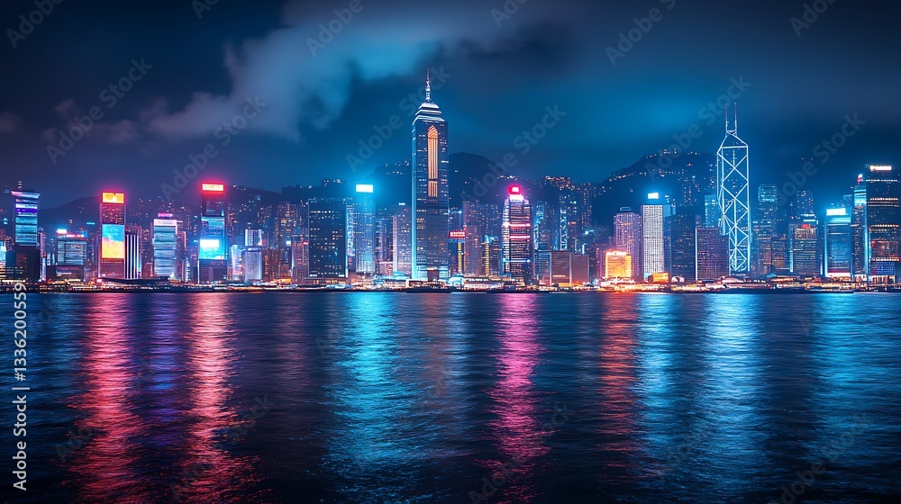 Fototapeta premium Sunset reflections on water with futuristic island cityscape high resolution picture