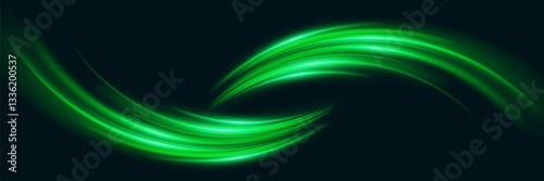 Green glowing speed lines. Light trail and vortex effect.