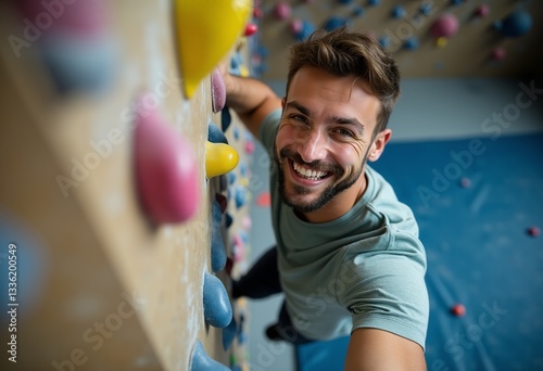 Bouldering Bliss: A High-Angle View of a Happy Man Reaching New Heights - Experience the bouldering bliss of a man smiling while ascending a challenging bouldering wall, this high-angle view emphasizi