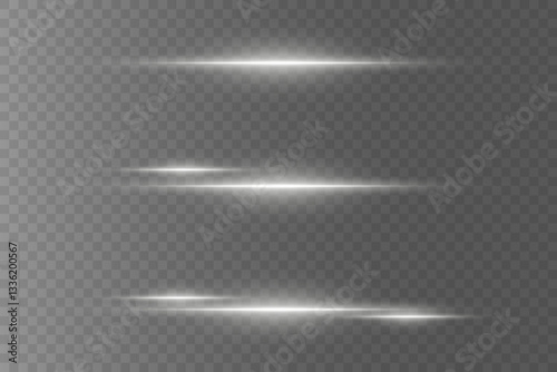Set of white horizontal highlights. Laser beams, light flashes.
