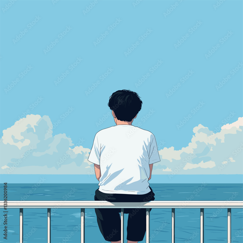 Flat illustration, minimalism, fresh style, the back of an Asian guy wearing white short sleeves and black pants sitting on the edge of one side leaning against the railing gazing at the sea blue sky, Flat illustration, minimalism, fresh style, the back of an Asian guy wearing white short sleeves and black pants sitting on the edge of one side leaning against the railing gazing at the sea blue sky,