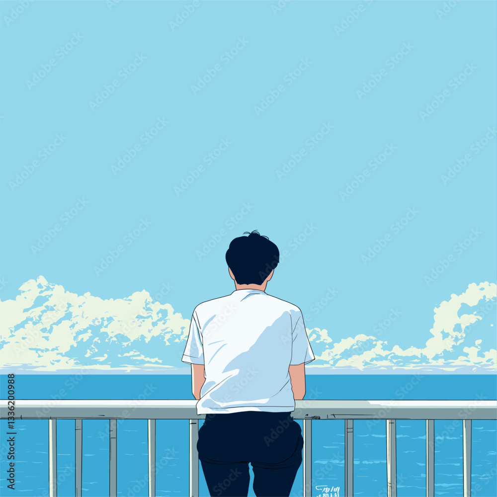 Flat illustration, minimalism, fresh style, the back of an Asian guy wearing white short sleeves and black pants sitting on the edge of one side leaning against the railing gazing at the sea blue sky, Flat illustration, minimalism, fresh style, the back of an Asian guy wearing white short sleeves and black pants sitting on the edge of one side leaning against the railing gazing at the sea blue sky,