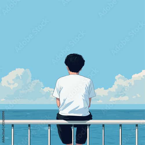 Flat illustration, minimalism, fresh style, the back of an Asian guy wearing white short sleeves and black pants sitting on the edge of one side leaning against the railing gazing at the sea blue sky,