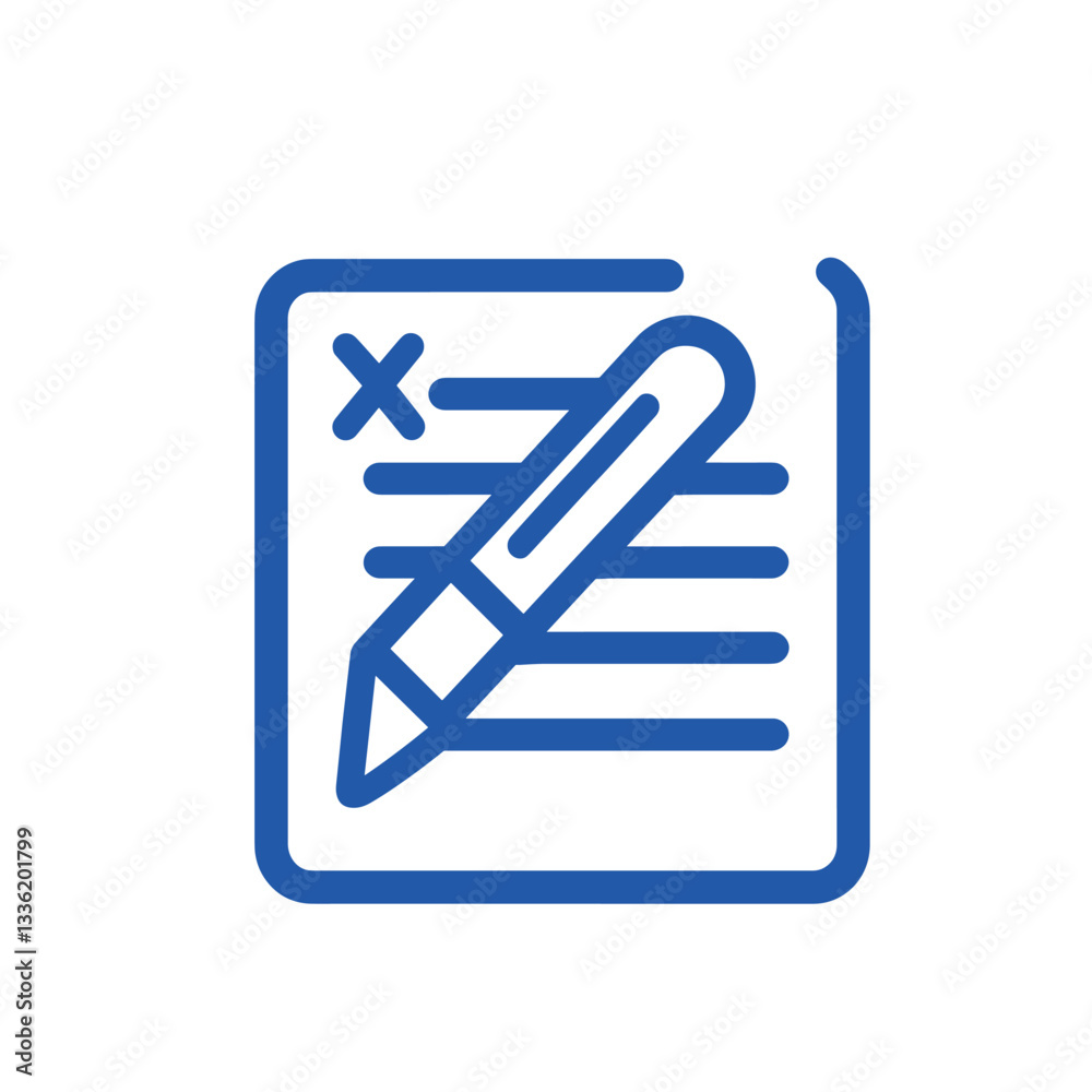Minimalist icon of a document or notepad, blue and white color scheme, simple line drawing style, flat design, small x mark in corner, two horizontal lines representing text Minimalist icon of a document or notepad, blue and white color scheme, simple line drawing style, flat design, small x mark in corner, two horizontal lines representing text