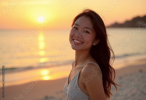 Golden Hour on the Coast: A Radiant Japanese Woman Embracing the Sunset with Joy - Capture the serene beauty of a Japanese woman on the beach, her smile reflecting the warm glow of the setting sun in 