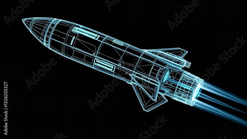 A Futuristic Missile Streaks Across The Night Sky, A Cyan-blue Wireframe Against The Black Void, Leaving A Glowing Trail Of Speed And Power