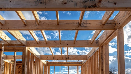 Partially built house framing with wooden beams, showcasing the early construction phase, structural framework, and craftsmanship in residential building development.