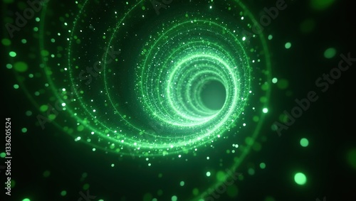 Cosmic Tunnel: A mesmerizing visual symphony, this image showcases a vibrant tunnel of swirling emerald light, dotted with sparkling particles, against a stark black backdrop.