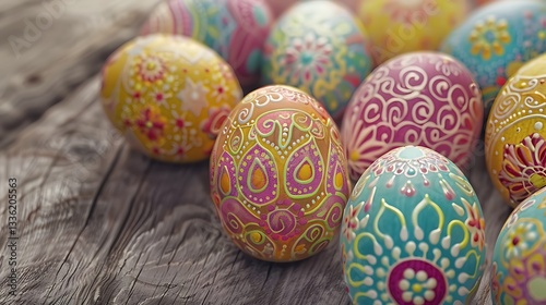 Pastel-colored Easter eggs with intricate mandala designs, seamlessly arranged on a wooden grain background