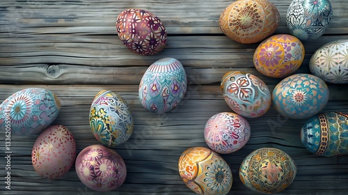 Pastel-colored Easter eggs with intricate mandala designs, seamlessly arranged on a wooden grain background