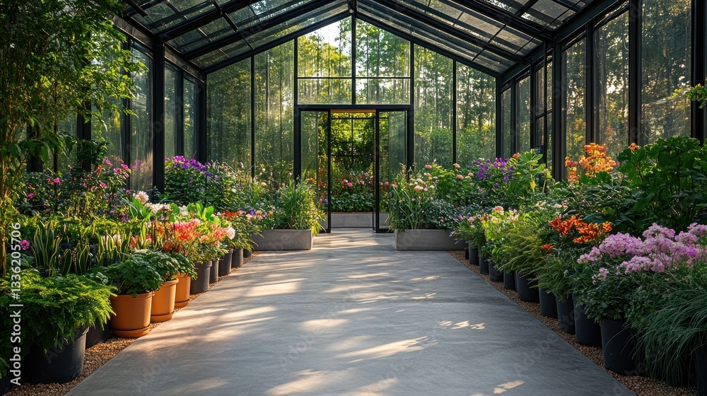 Obraz premium Greenhouse walkway lined with colorful plants, sunlight streams through glass
