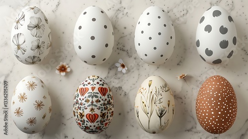 Realistic Easter egg patterns with soft polka dots and floral motifs, placed on a smooth linen background