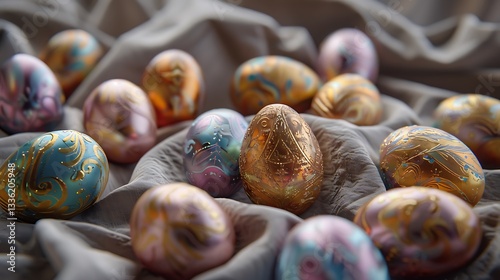 Realistic hand-painted Easter eggs with metallic finishes, arranged symmetrically on an organic cotton cloth