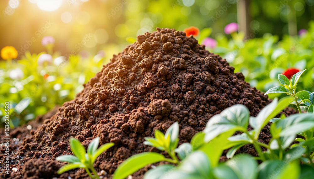 Used coffee grounds compost heap surrounded by garden plants, recycling Used coffee grounds compost heap surrounded by garden plants, recycling