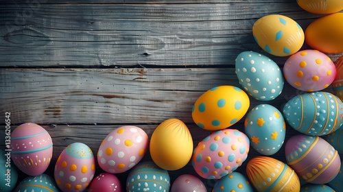Vibrant pastel-colored Easter eggs arranged in a symmetrical geometric pattern on a rustic wooden table