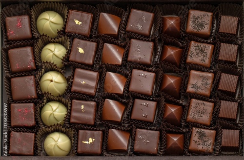 Assorted Chocolates Confectionery in a Gift Box with a ribbon. Luxury chocolate in a box. Valentines Day Gift Chocolate Box. Top View.