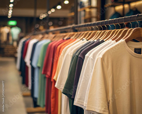 plain t-shirts of different colors hang on a hanger, store interior blur.