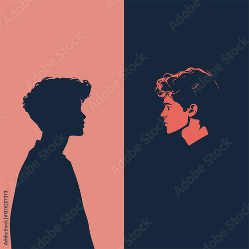 2D minimalist artwork, a man and a teenager staring at eachother from opposite sides of the frame

