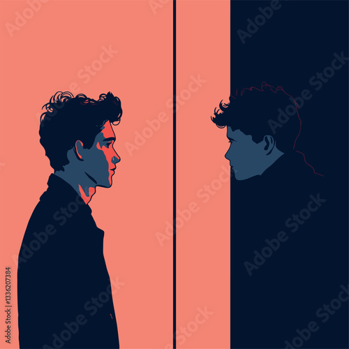 2D minimalist artwork, a man and a teenager staring at eachother from opposite sides of the frame

