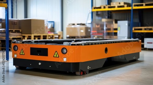 Automated guided vehicle in a warehouse setting, transporting goods amidst shelves filled with boxes