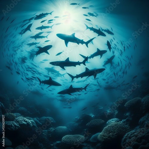 A school of shadows – several grey reef sharks circle a coral reef. The deep blue of the ocean, the blurred rays of the sun, a mysterious and hypnotic scene of the underwater world.