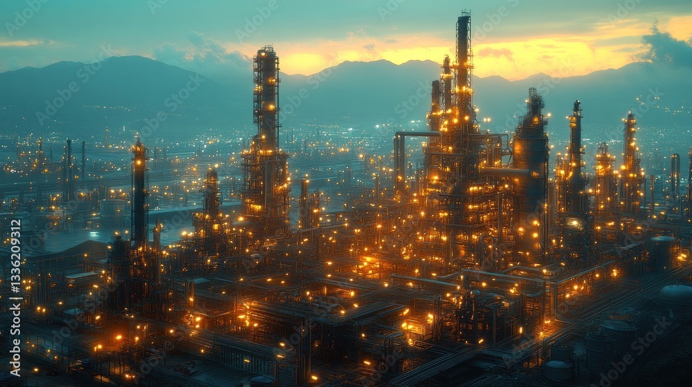 Industrial complex at dusk, illuminated refinery, mountains backdrop Industrial complex at dusk, illuminated refinery, mountains backdrop