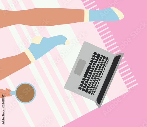 Woman legs on the floor up view flat style with notebook and cup of tea, coffee or cocoa
