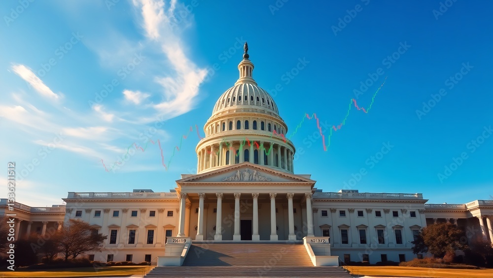Naklejka premium The Us Capitol Under A Promising Economic Sky, Its Majestic Dome Reaching Towards A Vibrant, Upward Trending Market Graph Painted Across A Brilliant Blue Sky