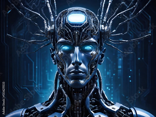 cyborg man in a futuristic city connected to a neural network, science fiction character