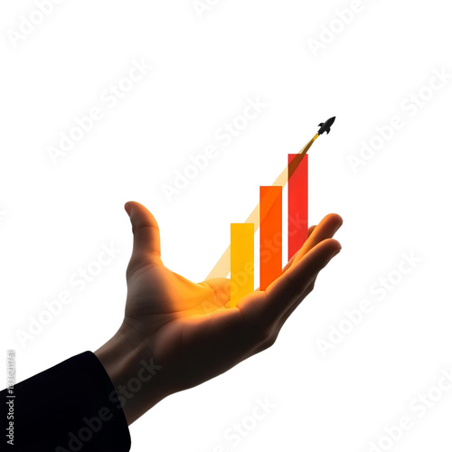 dark hand raising colorful financial bars with arrow, symbolizing increasing business performance, high quality png isolated on transparent background