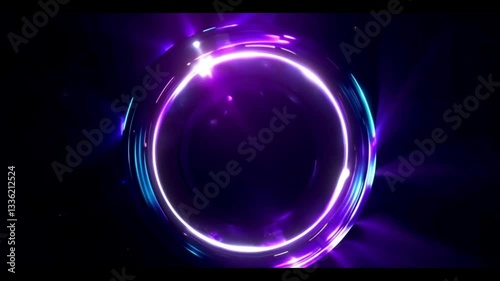 Render Neon circle rotation of frame with shining effects on dark background. Video animation Empty purple glowing techno backdrop. Round motion frame