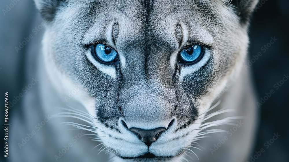 Obraz premium Majestic black-and-white lion with piercing blue eyes, a symbol of rare beauty and untamed wilderness. 
