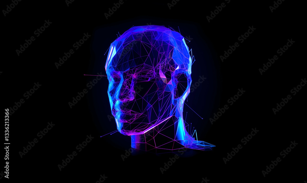Digital human face with abstract cybernetic design, neon blue and purple glowing edges Digital human face with abstract cybernetic design, neon blue and purple glowing edges