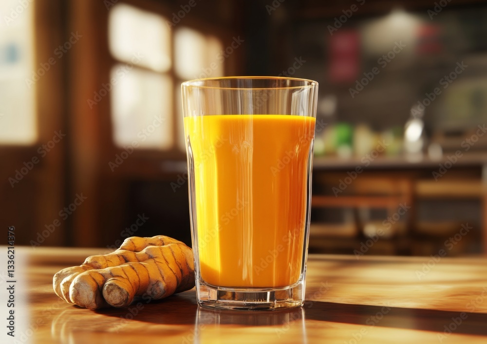 Turmeric juice in a glass, beside a turmeric root on a wooden table Turmeric juice in a glass, beside a turmeric root on a wooden table