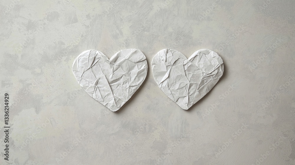 Obraz premium Two white paper hearts on a light grey textured background. the hearts are made of crumpled paper and have a textured surface, giving them a wrinkled appearance.