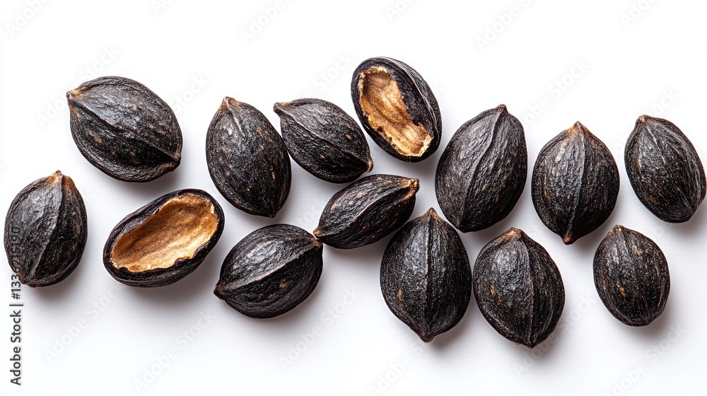 Dark nuts scattered on white background, cracked shells Dark nuts scattered on white background, cracked shells